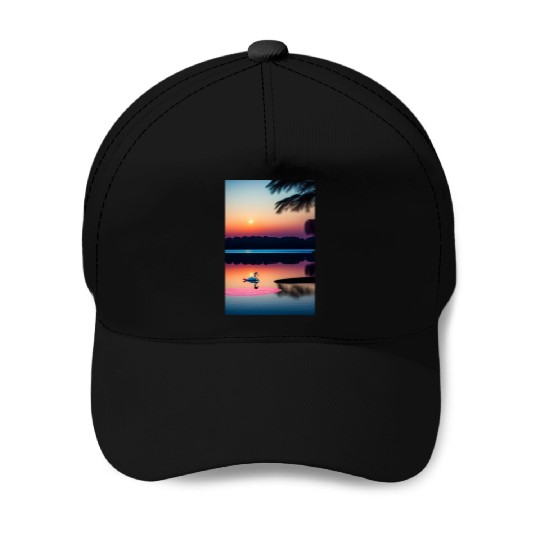 The image is of a serene lake 3 Baseball Caps