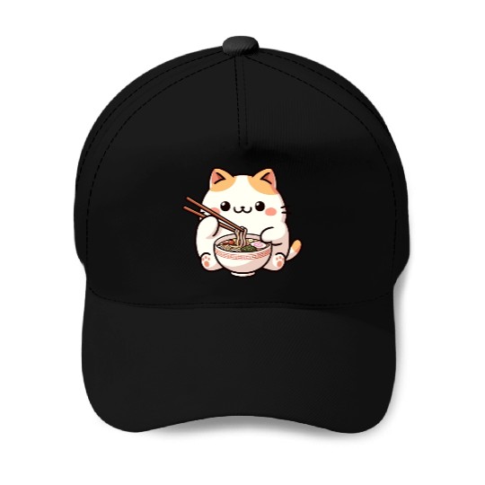 Neko Cat Eating Ramen Noodles Anime Baseball Caps