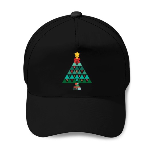 Merry Christmas tree (black bg) using triangles Baseball Caps