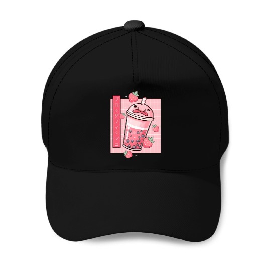 Kawaii Blobfish Japanese Strawberry Boba Baseball Caps