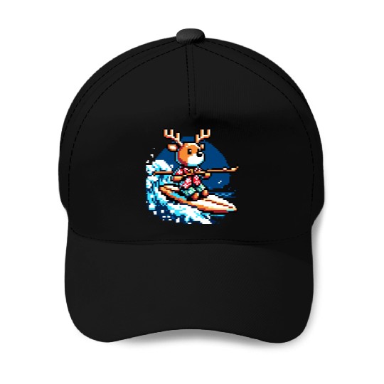 Surfing Reindeer: 8-Bit Holiday Wave Baseball Caps
