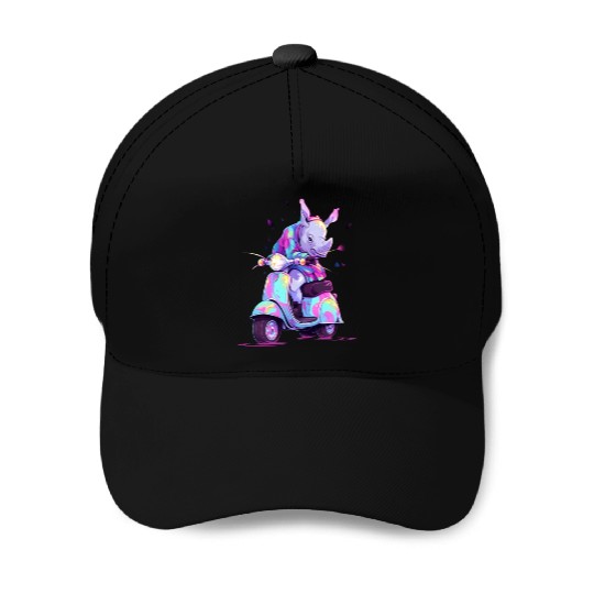 Rhino Riding Scooter Funny Rhinoceros Biker Moped Baseball Caps