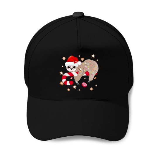 funny sloth with candy cane for Christmas Baseball Caps