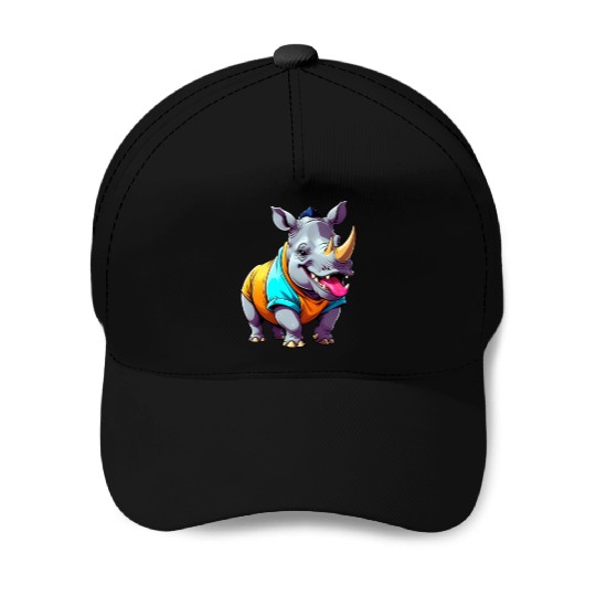 A Cartoonish Rhinoceros in a Playful Pose Baseball Caps