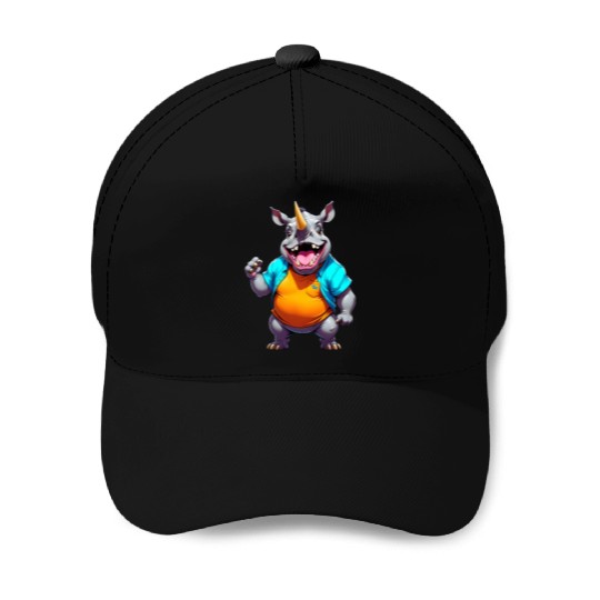 A Cartoonish Rhinoceros in a Playful Pose Baseball Caps
