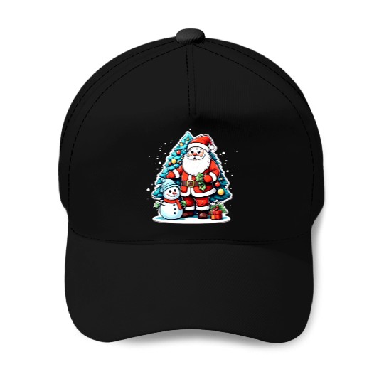 Santa Claus with Snowman and Decorated. Baseball Caps