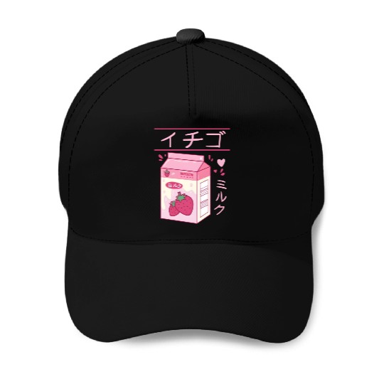 Japanese Strawberry Milk Drink Kawaii Kanji Vaporw Baseball Caps