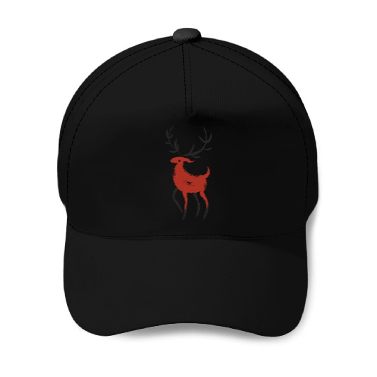 Red and Black Japanese Ink style Reindeer Baseball Caps