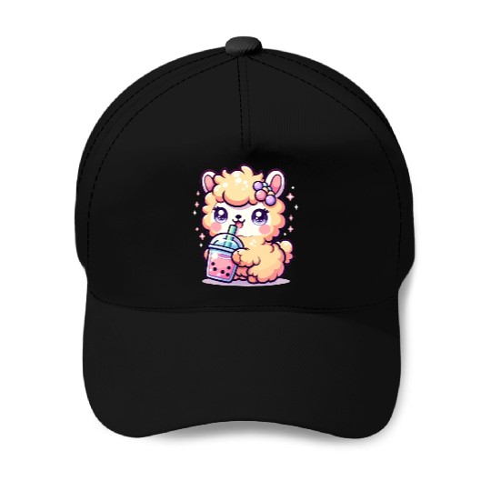Kawaii Llama Sips Bubble Tea Cute Llama Boba Tea Baseball Caps