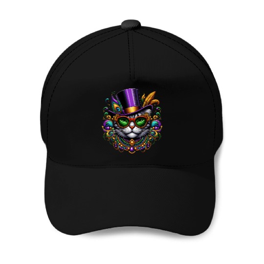Mardi Gras cat with hat and glasses Baseball Caps