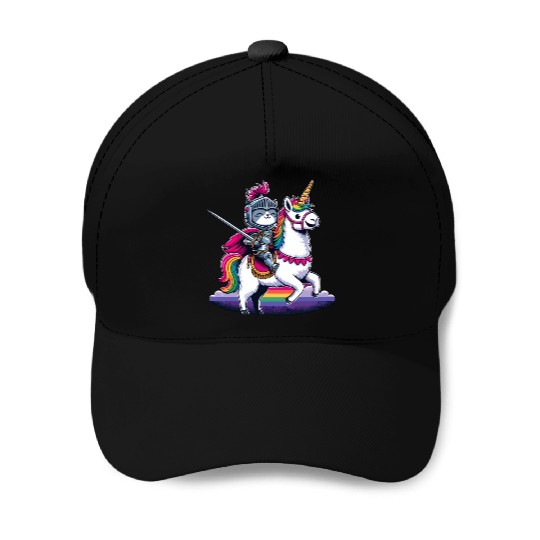 Happy Funny Cat Knight Riding Unicorn Llama Alpaca Baseball Caps