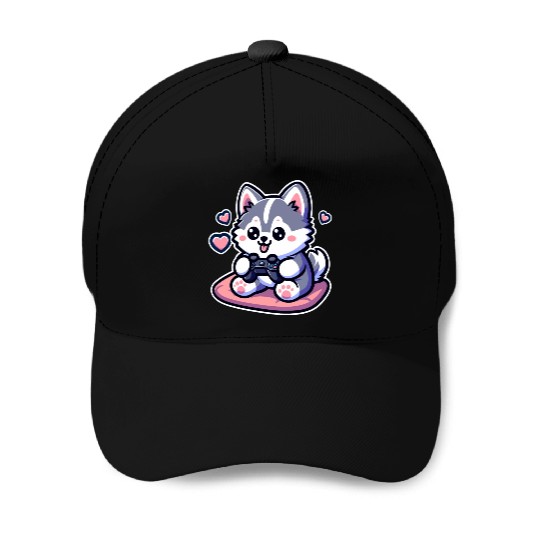 Cute Husky Dog Sitting and Enjoy Play ConsoleGame Baseball Caps