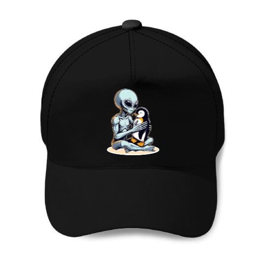 Alien Embracing Penguin Baseball Caps