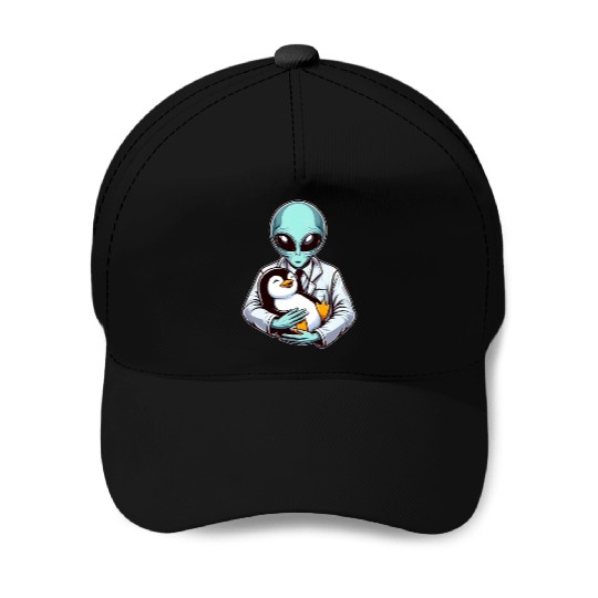 Alien Embracing Penguin Baseball Caps