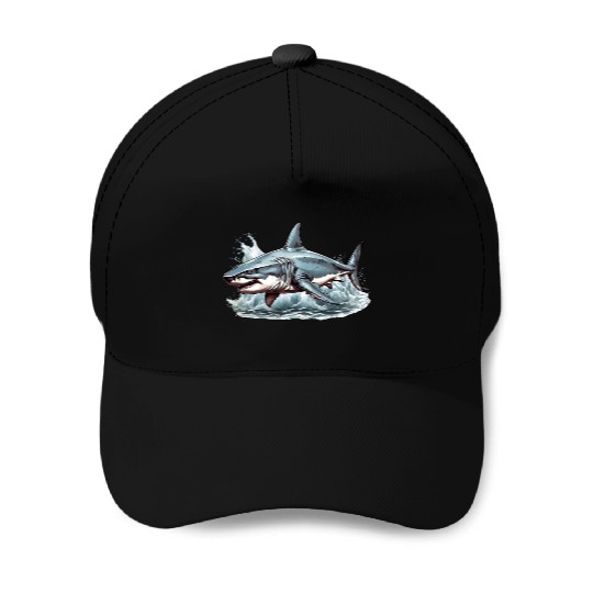 Angry great white shark Baseball Caps