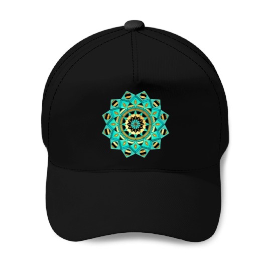 Mandala blue gold black with hearts Baseball Caps