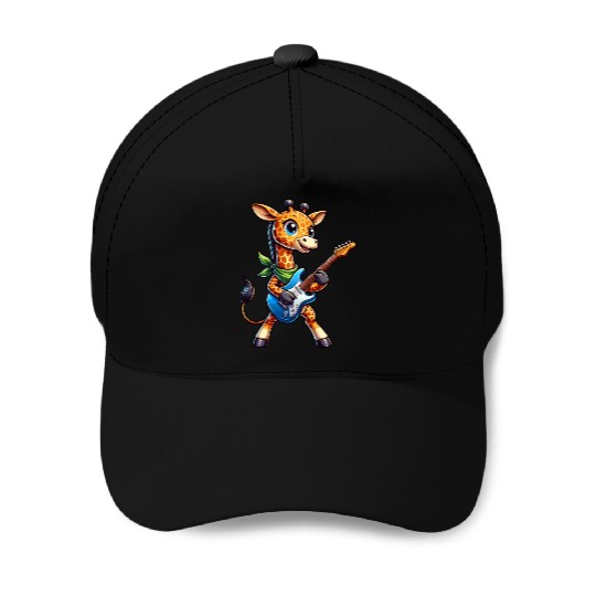 A cool giraffe playing guitar musician Baseball Caps