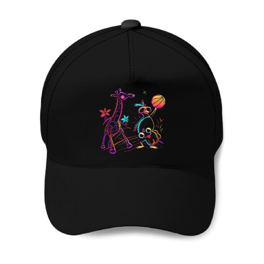Neon Showdown: Giraffe & Bird's Basketball Duel Baseball Caps