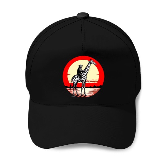 Sunset Safari: Monkey Riding Giraffe Baseball Caps