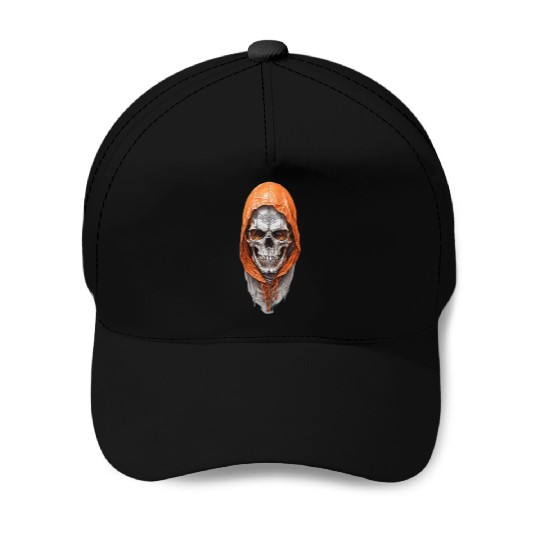 Default A skull in an orange hoodi ultra realistic Baseball Caps