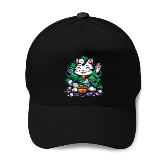 Kawaii St Patricks Day Cat With a Pot Of Gold Baseball Caps