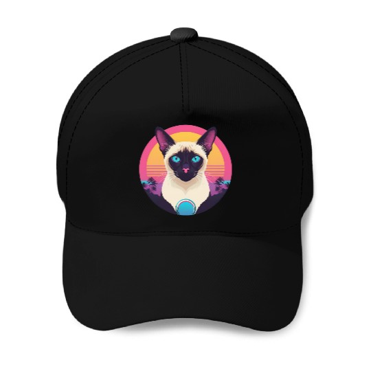 Synthwave Siamese Cat Baseball Caps