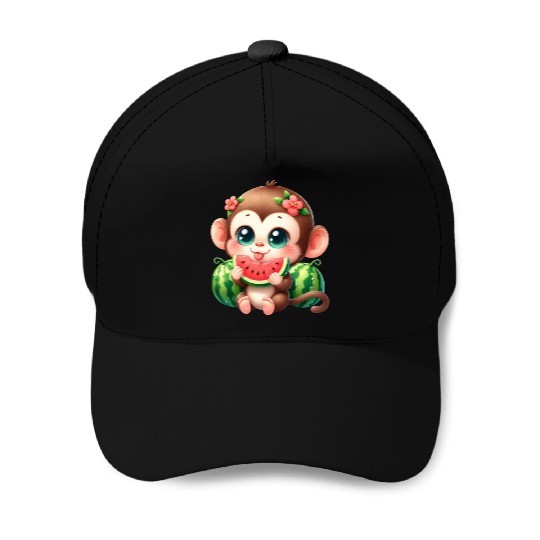 Monkey Eating Watermelon Baseball Caps