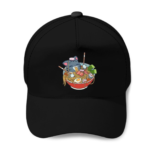 cat eating ramen Baseball Caps