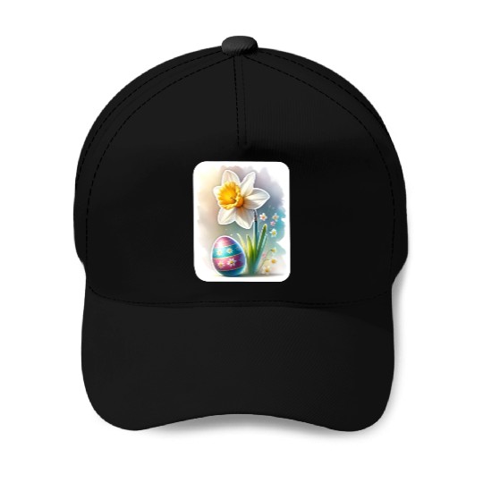 A Beautiful Daffodil With an Easter Egg Baseball Caps