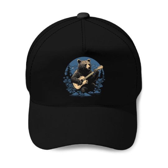 Grizzly Bear Playing Guitar Baseball Caps