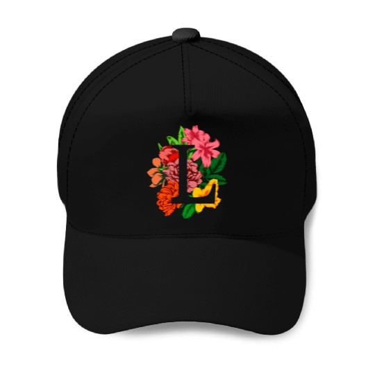 Capital letter L monogram with peony, lily flowers Baseball Caps