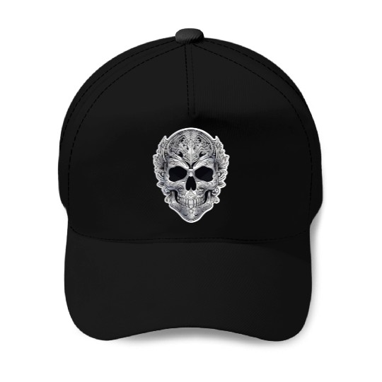 Mexican tribal silver metallic skull Baseball Caps