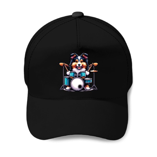 Cool Sheltie Puppy Drummer Design Baseball Caps