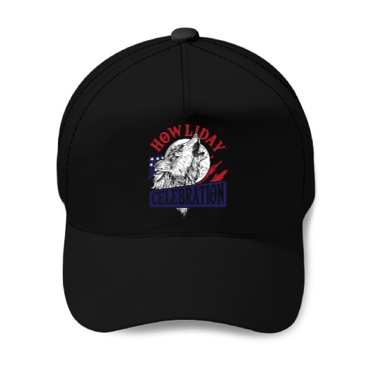 Wolf 4th of July American Flag Howling Wolves Baseball Caps