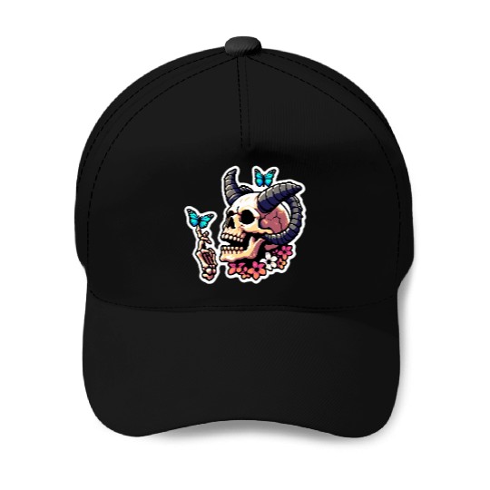 Pixel Art Horned Skull enjoy the butterflies Baseball Caps