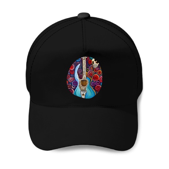 Blue Electric Guitar, Skull and Roses Baseball Caps