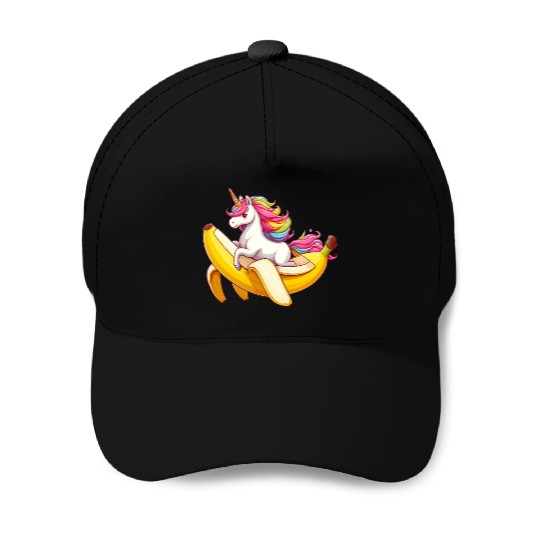 Unicorn rides banana Baseball Caps