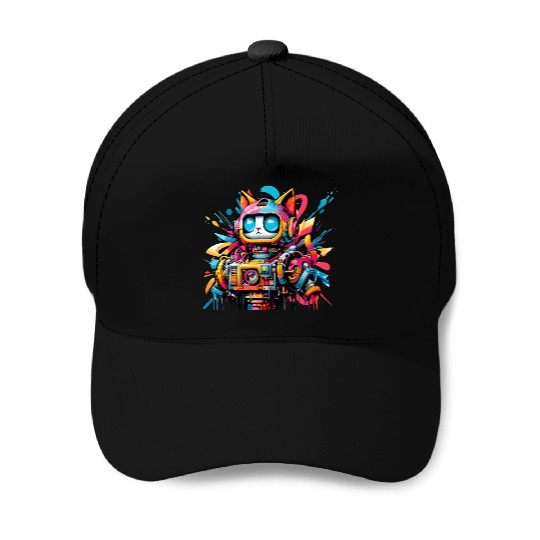 Cat designed as a robot in comic graffiti style Baseball Caps