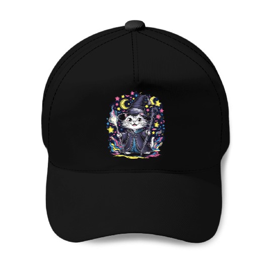 Charming Wizard Cat Casting Magic Baseball Caps