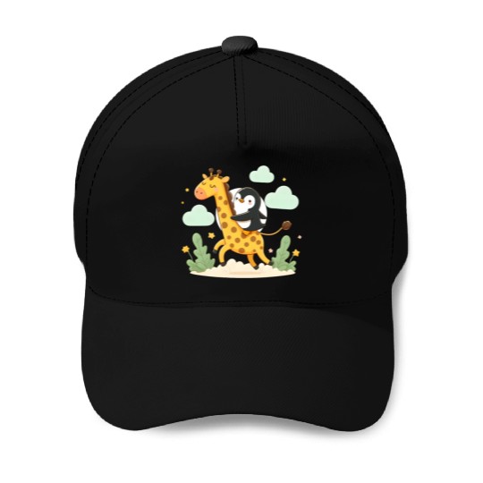 Penguin rides giraffe Baseball Caps