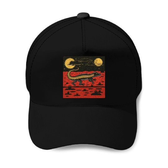 Giant Lizard Running Across The Australian Outback Baseball Caps