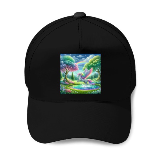 Enchanted Rainbow Unicorn Over Sparkling Pond Baseball Caps