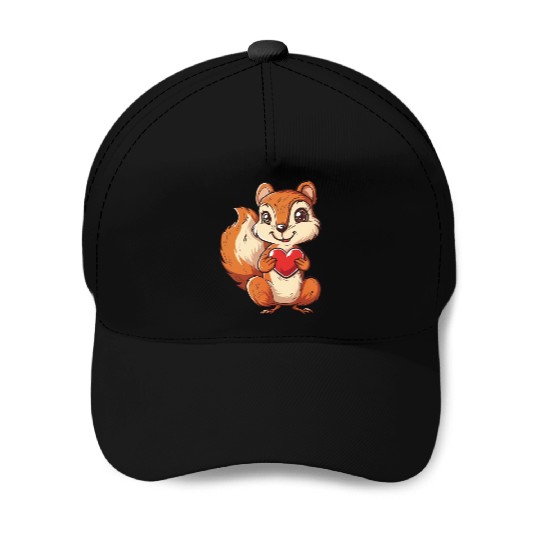 Adorable Squirrel with Red Heart Illustration Baseball Caps