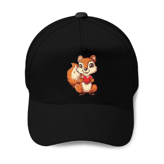 Adorable Squirrel with Red Heart Illustration Baseball Caps