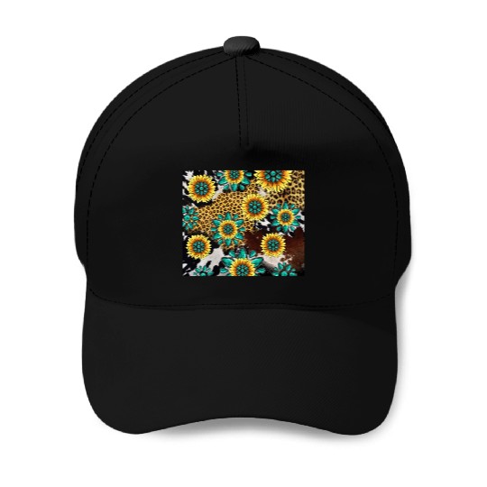 Turquoise Gemstone Sunflowers Leopard Cowhide Baseball Caps