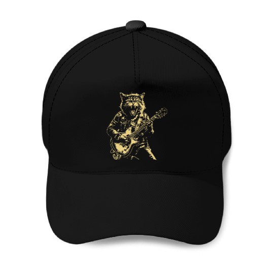 Meow Cat Playing Guitar Instruments Cartoon Baseball Caps