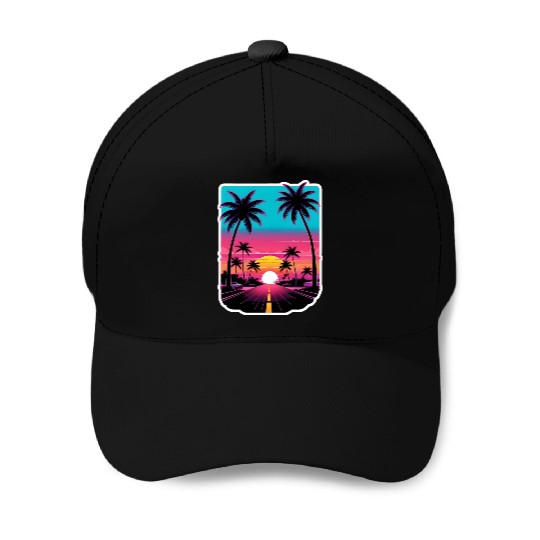 Lonely Road to Miami Sunset Vaporwave 80s Baseball Caps