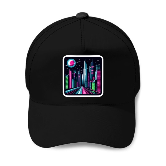 Futuristic cityscape Retro Synthwave Cyberpunk Baseball Caps