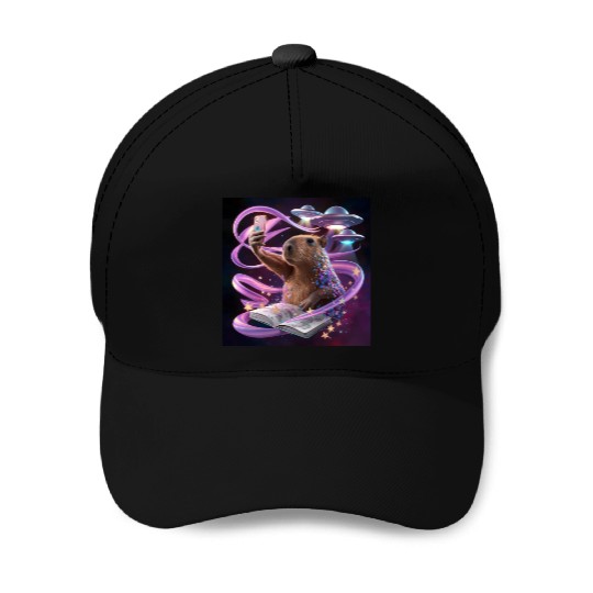 Funny Graphic Baseball Caps Capybara Selfie with UFOs Weird