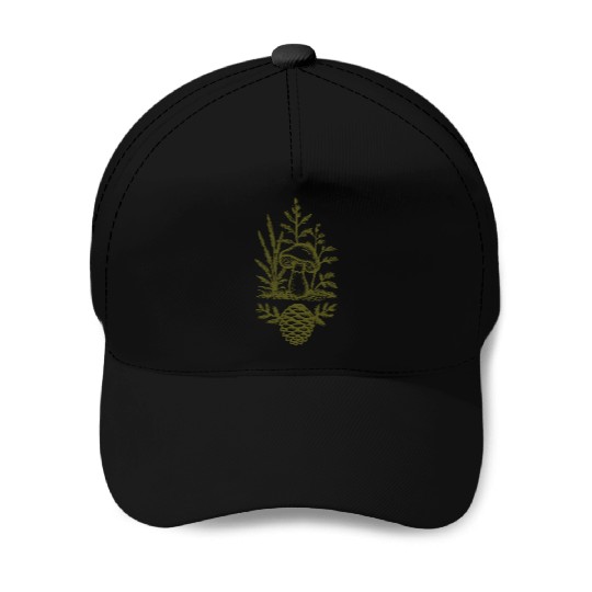 Mushroom and Pine Cone Design Forest Green Baseball Caps